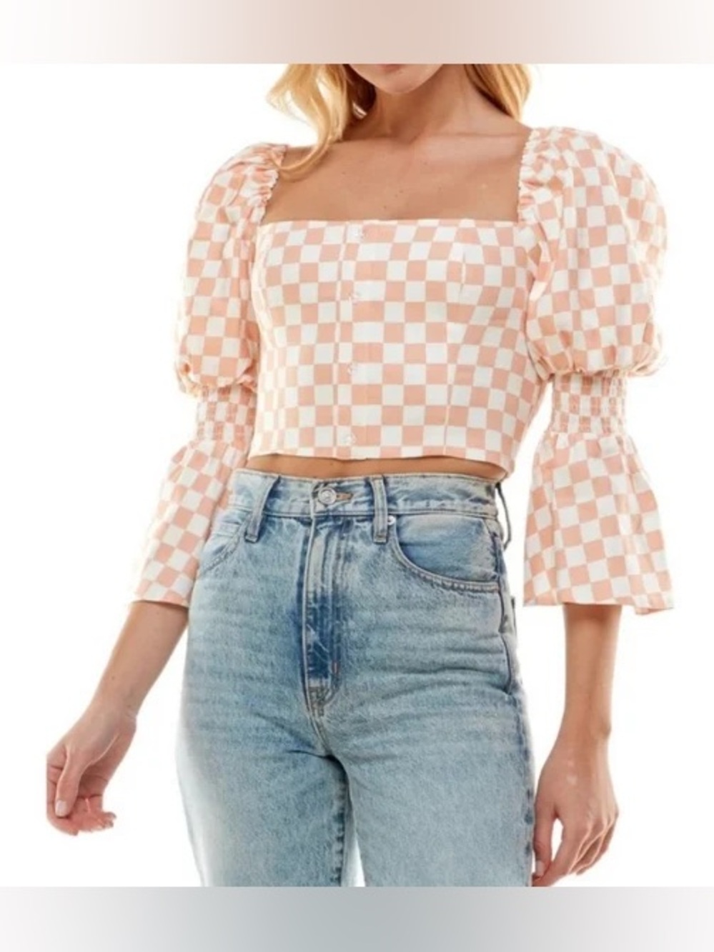 Wayf Peach and White Checkerboard Puff-Sleeve Crop Top S